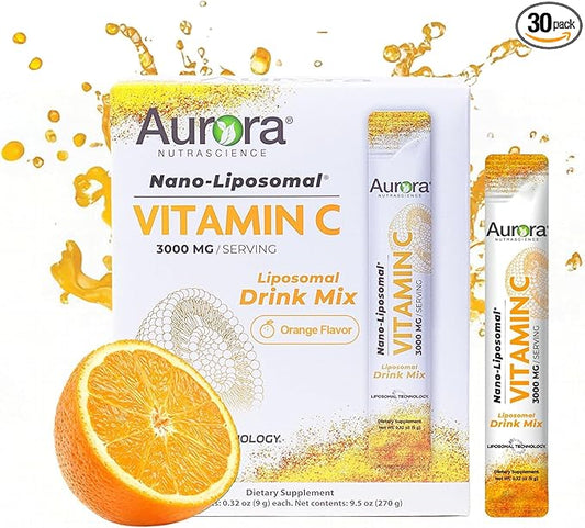 Aurora Nutrascience Nano-Pack Liposomal Vitamin C Powder Drink Mix, Immune Support, High Strength 3,000 mg Per Serving, 30 Single Serve Packets, Orange