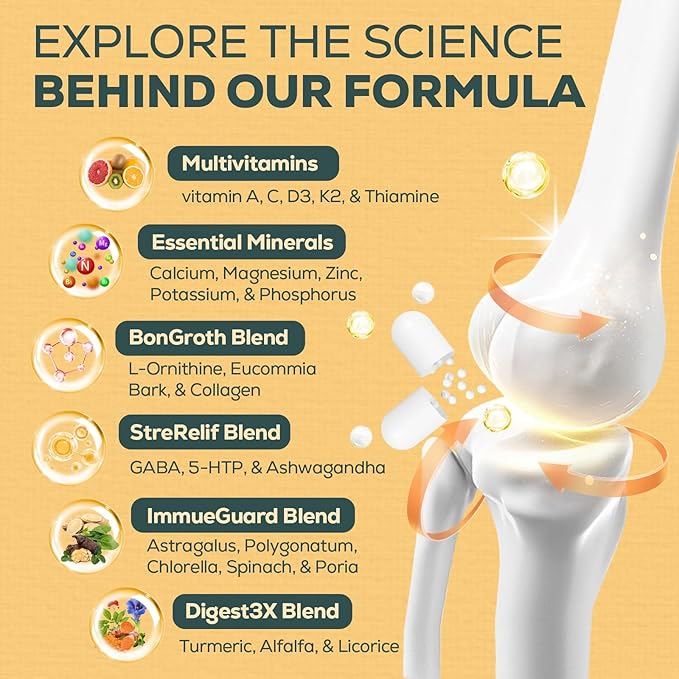 25-in 1 Bone Strength Supplement - for Natural Growth, Digestion and Stress - High Absorption - Calcium, Magnesium, Zinc, Ashwaganda and Multivitamins for Age 12+ | 60 Caps