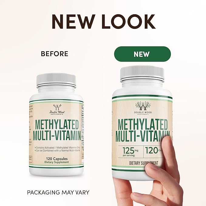 Methylated Multivitamin (Methylated and Activated Vitamins Only - Methylated B Complex with Trimethylglycine (TMG) and Methylfolate)(Non-GMO, Gluten Free MTHFR Supplement) 120 Capsules by Double Wood