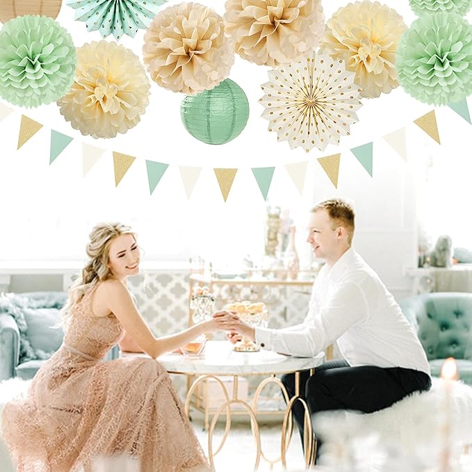Sage-Green Champagne-Gold Baby Shower Party Decorations - 20pcs Neutral Birthday Paper Lanterns Fans,Boho Wedding Tissue Pom Poms,Honeycomb Streamers Banner,Bridal Graduation Rustic Decor Burgleda