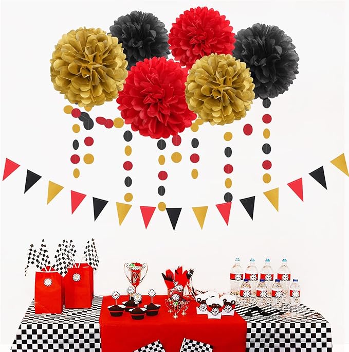 Red-Black Gold Casino-Theme Graduation Party-Decorations - 23pcs Kits Game Night Streamer Tissue Paper Pom Poms,Tassel Garland Banner,Birthday Wedding Baby Bridal Shower Decor Lasting Surprise