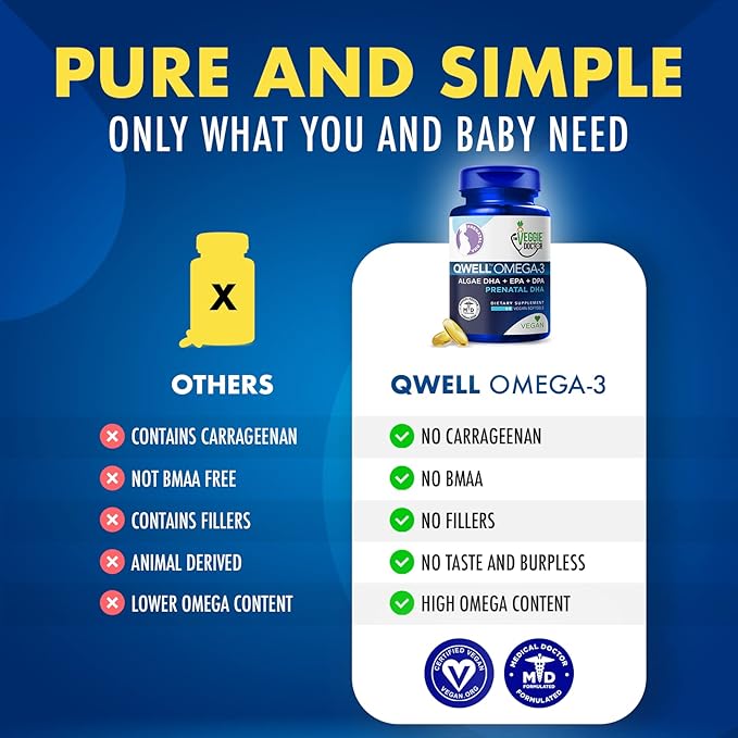 Vegan Prenatal Vitamins with DHA (60 Count) Omega-3 - Qwell Better Than Fish Oil, Brain Function - 820 Mg Algae DHA & EPA, Vegan Prenatal Vitamins with Vitamin E, Carrageenan-Free