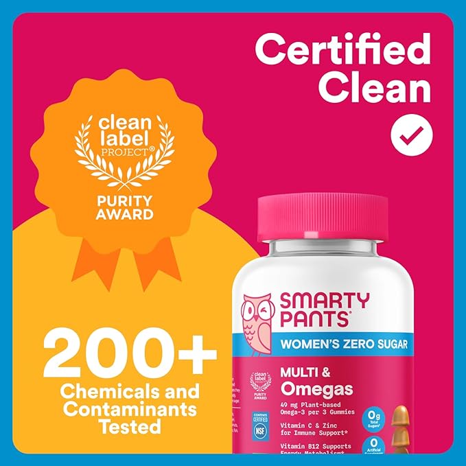 SmartyPants Zero Sugar Women’s Multivitamin Gummies: Biotin, Methylfolate, Omega 3 (ALA), Vitamin D3, C, Vitamin B12, B6, A, K, Zinc, Inositol, Gluten Free, No Sugar Alcohols, 90 Count (30 Day Supply)