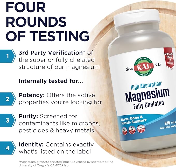 KAL Magnesium Glycinate Tablets, Fully Chelated, High Absorption Formula with Magnesium Bisglycinate Chelate for Nerve, Muscle & Bone Health Support, Vegan, Gluten Free, Value Size, 240 Tablets