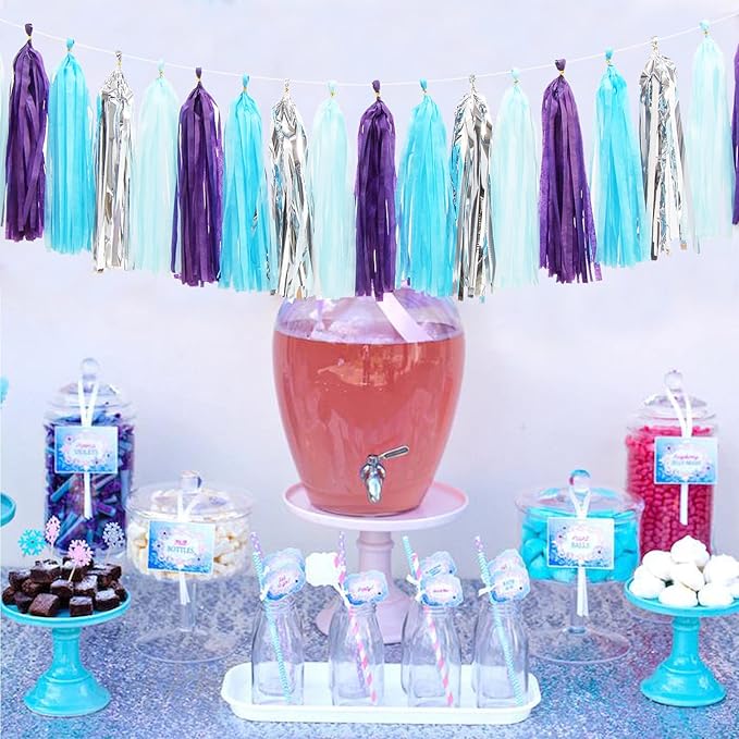 Purple-Blue Silver Frozen Christmas Party-Decorations - 30pcs Tissue Pom Poms Streamers,Winter Girl Birthday New Year Tassel Garland Banner,Wonderland Mermaid Baby Shower Wedding Supplies Decor Bunting Lasting Surprise