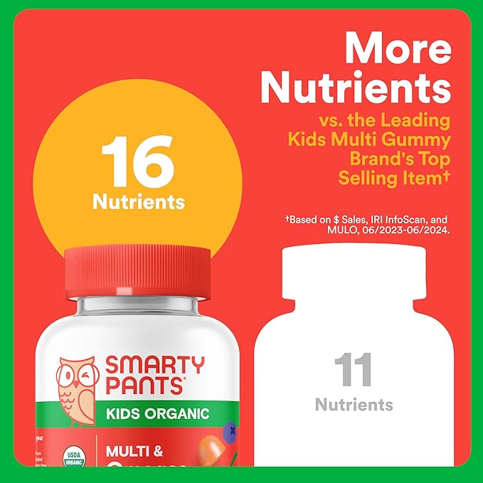 SmartyPants Organic Kids Multivitamin Gummies: Omega 3 (ALA), Vitamin D3, C, Vitamin B12, B6, A, K & Zinc for Immune Support, Biotin, Vegetarian, Three Fruit Flavors, 120 Count (30 Day Supply)