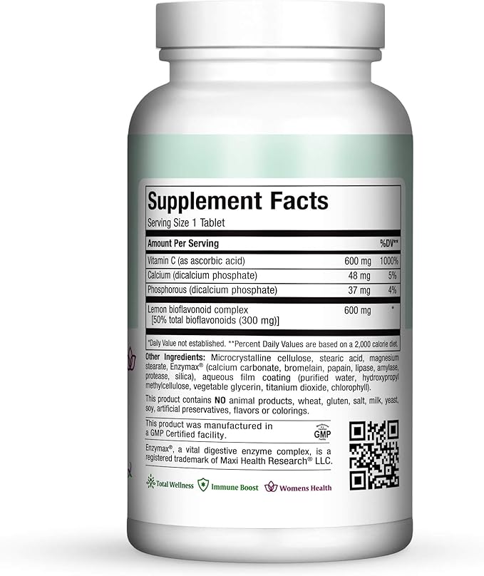 Vitamin C Complex 600 mg Supplement – Recommended Daily Dose Vitamin C Tablets with Lemon Bioflavonoids, Calcium & Phosphorus – Immune Health Support – Pure-C Bio 600 Non-GMO, VIT C Vegan 180 Tablets