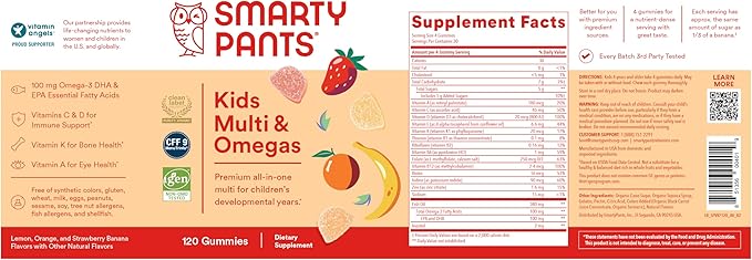 SmartyPants Kids Multivitamin Gummies: Omega 3 Fish Oil (EPA/DHA), Vitamin D3, C, Vitamin B12, B6, A, K & Zinc for Immune Support, Biotin, Gluten Free, Three Fruit Flavors, 120 Count (30 Day Supply)