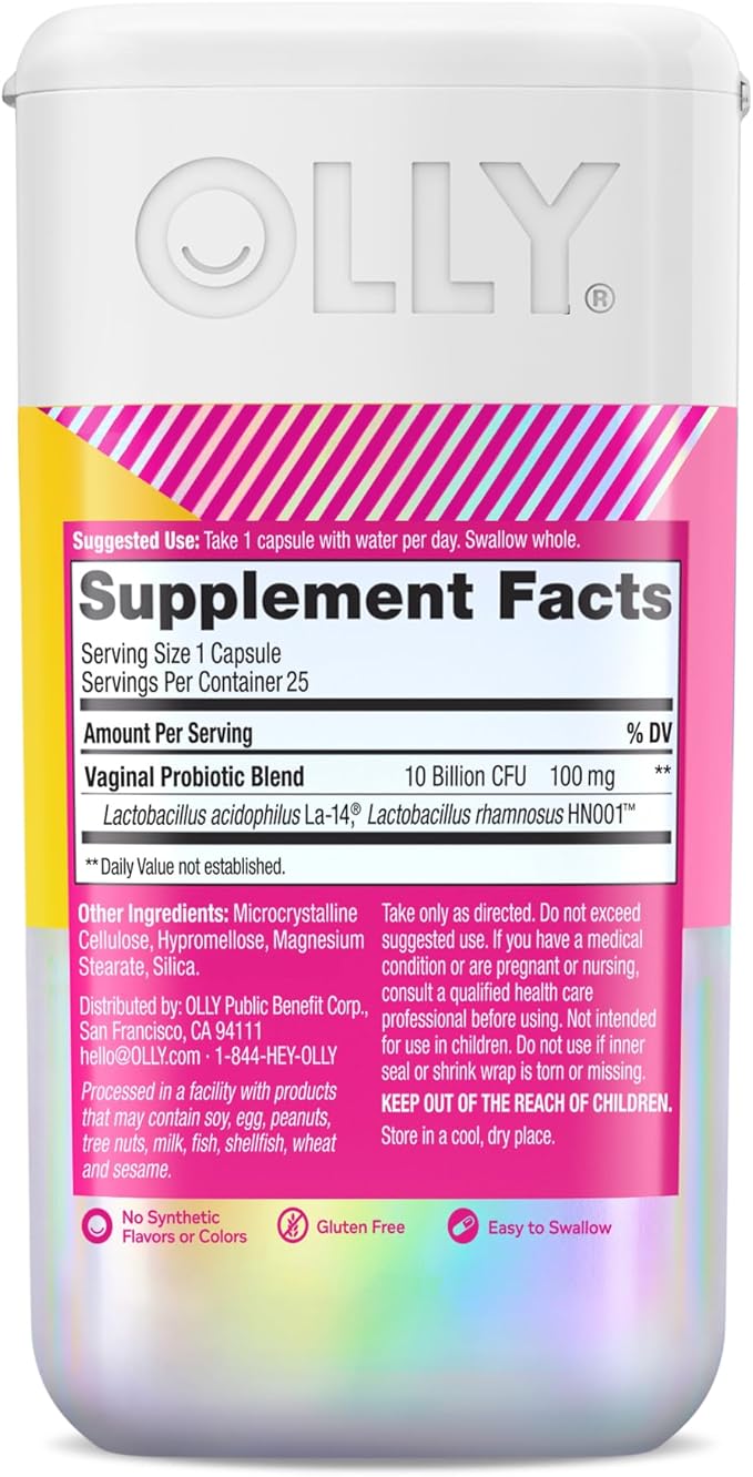 OLLY Happy Hoo-Ha Capsules, Probiotic for Women, Vaginal Health and pH Balance, 10 Billion CFU, Gluten Free - 25 Count