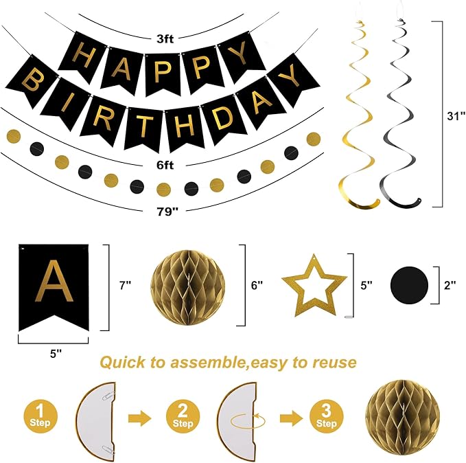 meowtastic Birthday Decorations, Happy Birthday Banner with Honeycomb Balls, Star Hanging Swirl Streamers, Circle Dot Garland, Happy Birthday Party Decorations for Women Men Boys Girls (Black & Gold)