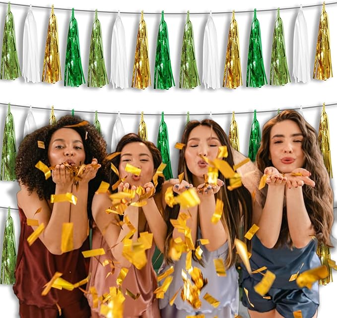 3P Metallic Fringe Tassel Banner Garland Foil Tinsel Streamer Wall Hanging Curtain Backdrop Banners for Parade Floats, Graduation Decorations, Woodland Party Decoration(Sage-Green Gold)