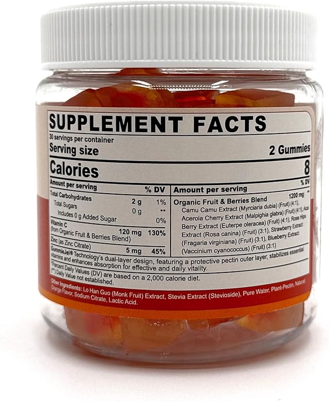 2 Pack - Organic Vitamin C Gummies 120mg for Adults, Sugar Free, Daily Immune Defense, Raw Antioxidant, 100% Whole Food Chewable Vitamin C Supplement from 1200mg Berries & Fruits for Collagen, Vegan