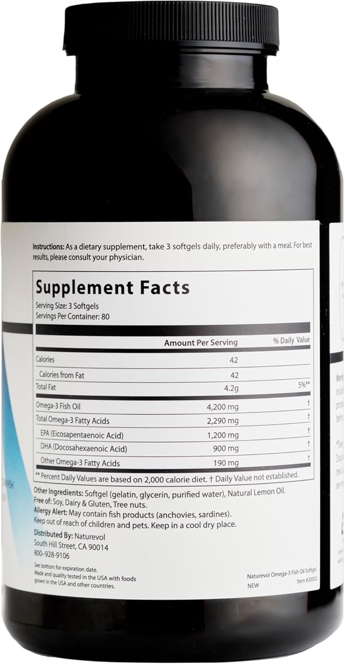 Triple Strength Omega 3 Fish Oil 4200mg - Lemon Flavored | EPA & DHA Fatty Acids | 1200mg EPA + 900mg DHA | Deep Sea Fish | Burpless Fish Oil Supplement - 240 Softgels