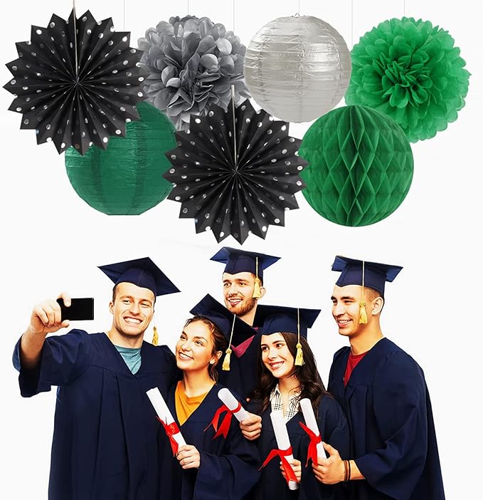 Black-Green Silver Party-Decorations Streamers Lanterns - 14pcs Graduation 2025 Paper Lanterns Fan,Tissue Pom Poms Streamer,Honeycomb Balls,Soccer Supplies Men Boys Birthday Baby Shower Decor Ouruola