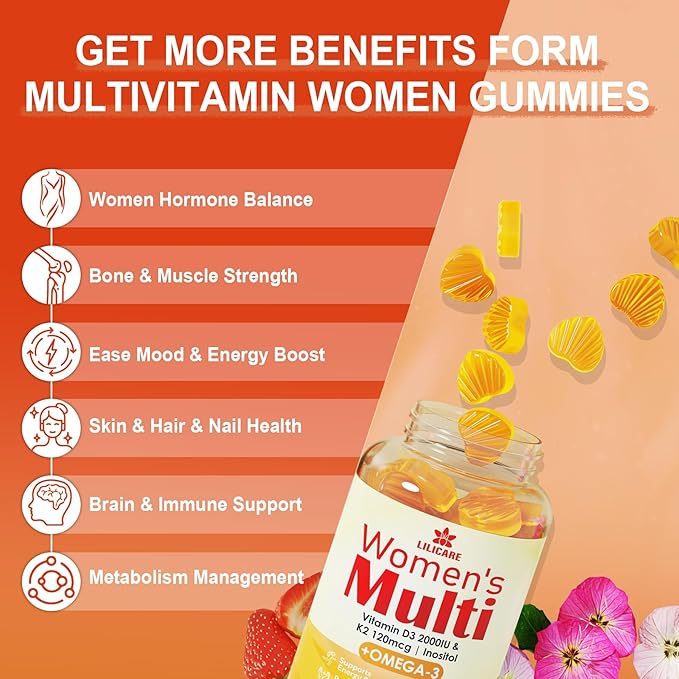 Womens Multivitamin Gummy with Omega 3(DHA/EPA), Vitamin D3 K2, Calcium, Inositol, Daily Womens Vitamin A C E B Complex, L-MethylFolate, Methyl B12,Sugar Free Methylated Multivitamins Minerals, 60Cts