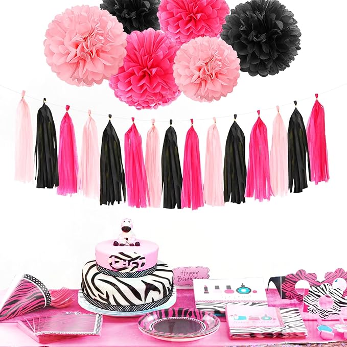 Hot-Pink Black Party-Decorations Paper Flower Streamers - 23pcs Baby Girl Women Birthday Tissue Pom Poms,Bachelorette Shower Tassel Garland Banner,Graduation Hanging Supplies Decor Ouruola