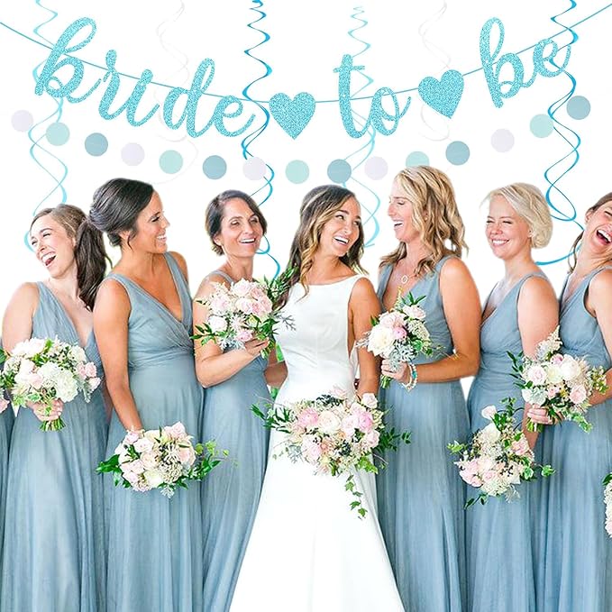 Dusty-Blue White Bridal-Shower Bachelorette Party-Decorations - 22pcs Girls Bride To Be Banner, Light Paper Lanterns Streamers, Tissue Pom Poms Flowers Fans Wedding Decor Backdrop Hugmoon