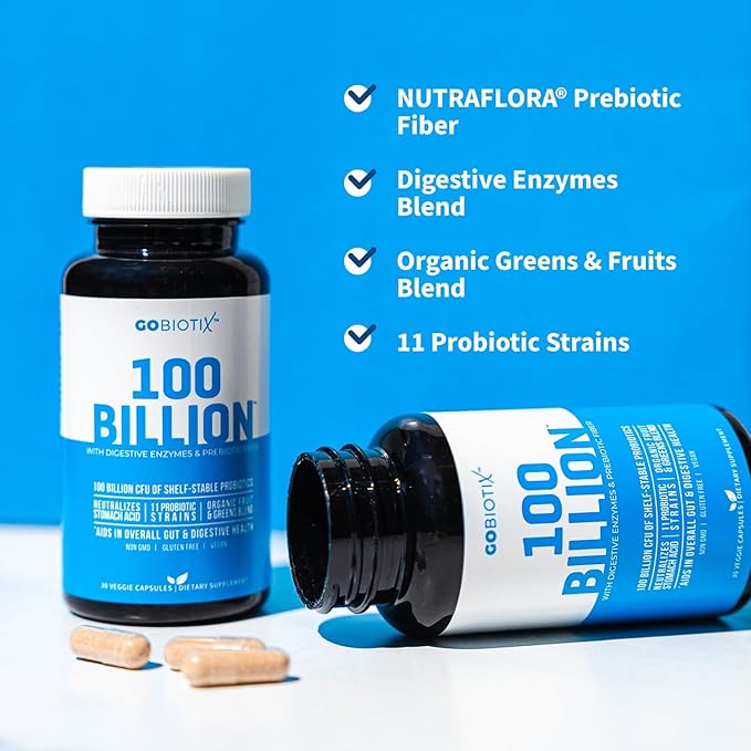 GOBIOTIX 100 Billion - Digestive Enzymes Supplement - Probiotics Multivitamin - Prebiotic Fiber Blend - 100 Billion CFU - Organic Fruit and Greens Blend - Vegan, Non GMO - 30 Capsules
