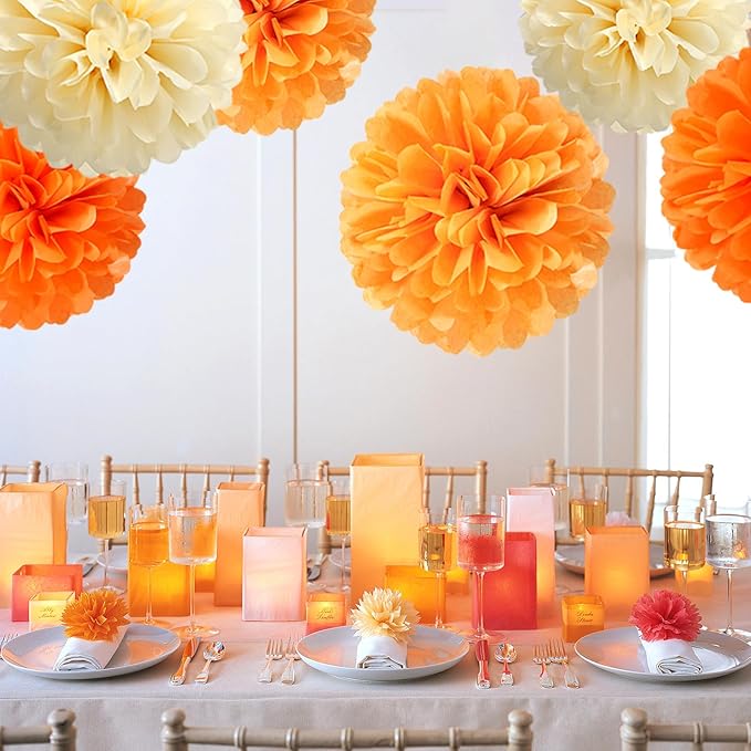 Orange Beige Fall Baby-Shower Party-Decorations - 23pcs Autumn Harvest Thanksgiving Tissue Pom Poms Streamers, Boho Birthday Bridal Wedding Engagement Bachelorette Tassel Garland Banner Decor Ouruola