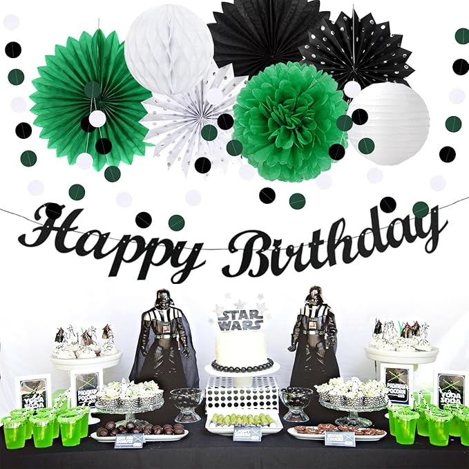Black Green White Birthday Party-Decorations - 21pcs Boys Men Happy Birthday Banner,Paper Streamers Lanterns Honeycomb,Flower Tissue Pom Poms Fan Supplies Decor Huglony