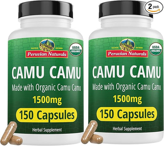 Peruvian Naturals Organic Vitamin C from Camu Camu Capsules 1,500mg - 300 Vegan Pills, Natural Vitamin C from Whole Food Camu Berry Organic, Non-GMO