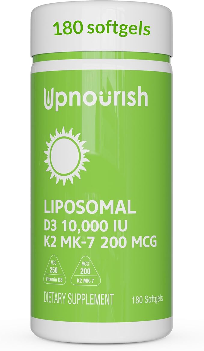 UpNourish Liposomal D3 K2 Vitamin 10000 IU D3 and K2 MK-7 200 mcg - 180 Vitamin D3 k2 (Vitamina D3 con K2) Mini Softgels - Easy to Swallow K2 D3 Vitamin