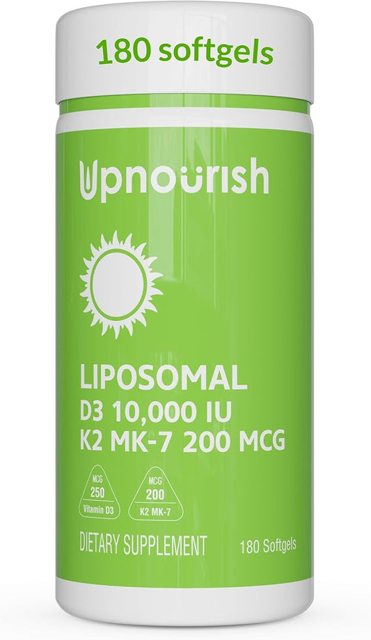 UpNourish Liposomal D3 K2 Vitamin 10000 IU D3 and K2 MK-7 200 mcg - 180 Vitamin D3 k2 (Vitamina D3 con K2) Mini Softgels - Easy to Swallow K2 D3 Vitamin