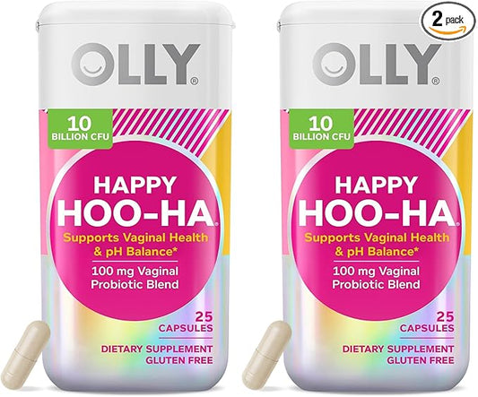 OLLY Happy Hoo-Ha Capsules, Probiotic for Women, Vaginal Health and pH Balance, 10 Billion CFU, Gluten Free - 25 Count (Pack of 2)