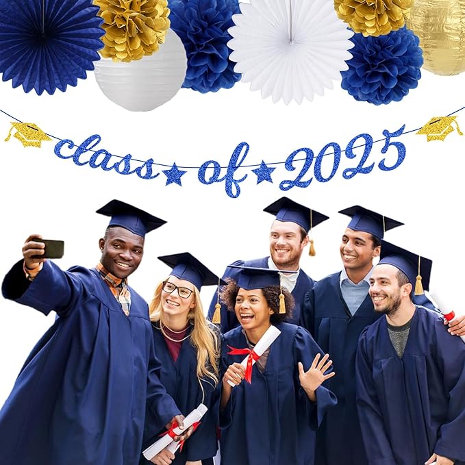 2025 Blue Class-Congratulations Prom Graduation Party-Decorations - 22pcs High School College Grad Supplies Decor, Royal Navy White Gold Tissue Pom Poms Streamers, Paper Flowers Lanterns Hugmoon