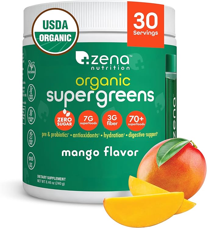 Zena Nutrition Organic Super Greens Powder, 70+ Superfoods, 0 Sugar, 3G Fiber, Spirulina, Chlorella, Antioxidants, Prebiotics/Probiotics, Digestive Enzymes, Mango, 30 Servings