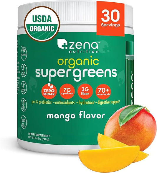 Zena Nutrition Organic Super Greens Powder, 70+ Superfoods, 0 Sugar, 3G Fiber, Spirulina, Chlorella, Antioxidants, Prebiotics/Probiotics, Digestive Enzymes, Mango, 30 Servings