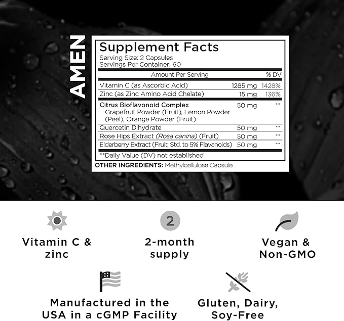 Amen Vitamin C+ Supplement with Zinc, Bioflavonoids, Quercetin, Rose HIPS, Elderberry – Vegan, Non-GMO – 2 Months Supply - 120 Capsules