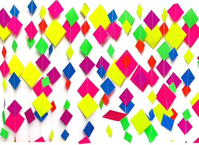 123feet UV Paper Neon Streamers & Garlands - Diamond Shape Black Light Decorations, Glow Party Favors & Supplies for Wedding & Birthday Celebrations