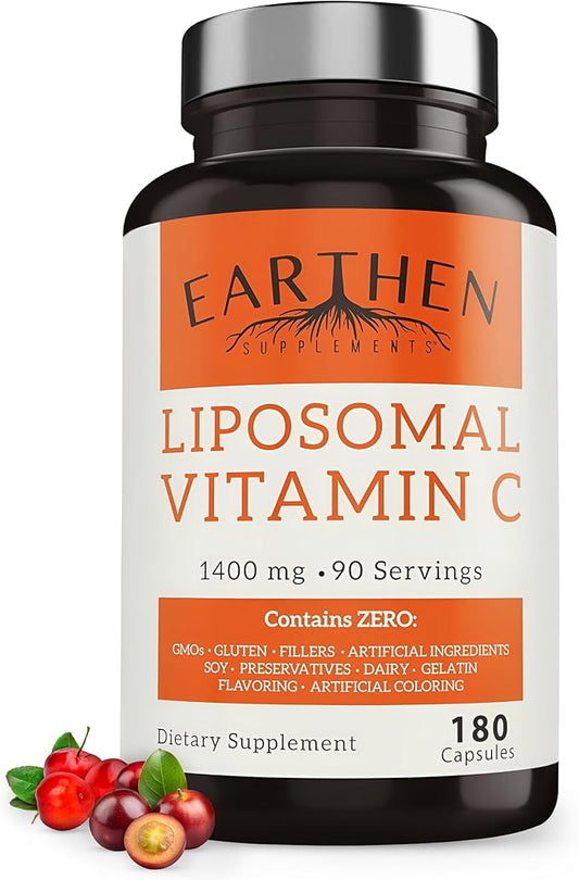 EARTHEN supplements Liposomal Vitamin C | Made with Organic Ingredients | 1400MG Per Serving | 180 Capsule - 90 Serving | Non GMO | Fat Soluble - High Absorption Antioxidant