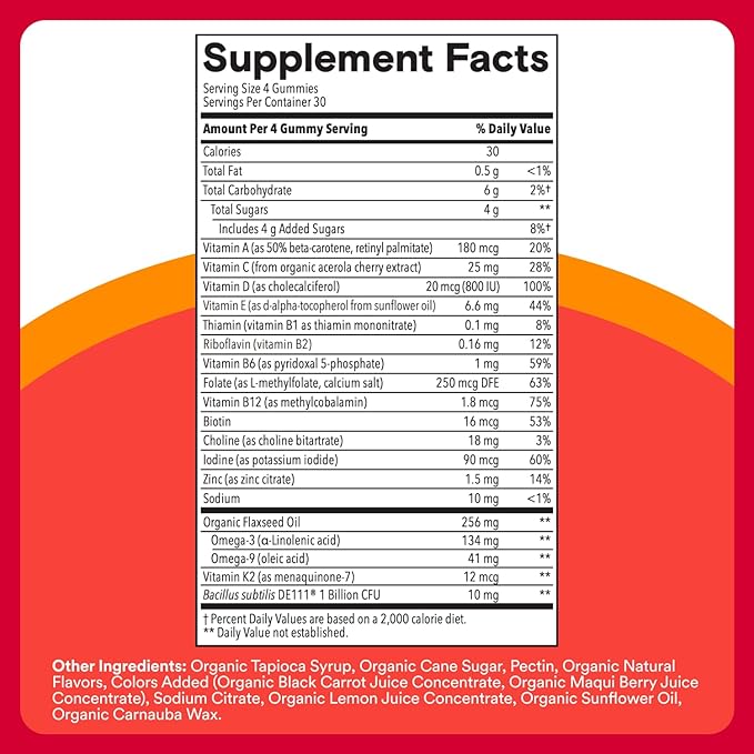 SmartyPants Organic Kids Multivitamin Gummies: Probiotics, Omega 3 (ALA), Vitamin D3, C, Vitamin B12, B6, A, K & Zinc for Immune Support, Biotin, Three Fruit Flavors, 120 Count (30 Day Supply)