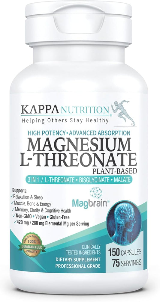 Kappa Nutrition Magbrain™ Magnesium L-Threonate Plant-Based, 420mg Elemental Magnesium (3 Capsules) from 2,253mg, 150 Vegan Capsules, Brain, Sleep & Muscle Support.
