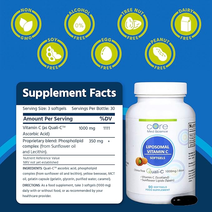 Liposomal Vitamin C 1000mg by Core Med Science, 90 Softgels - Non-GMO Natural Liposomal Vitamin C Supplement That Promotes Healthy Skin - Immune System Booster for Adults, Supports Collagen Formation