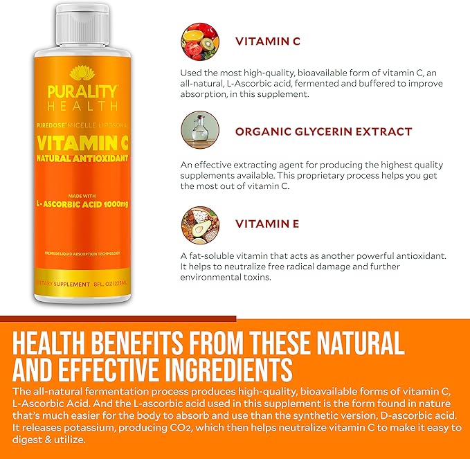 Vitamin C Liquid Supplement 1000mg per Serving, Micelle Liposomal Enhanced Absorption, Non-GMO, Gluten Free, Vegan, 15 Day Supply