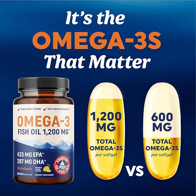 Triple Strength Omega 3 Fish Oil 1200 mg | EPA & DHA | Wild Caught, Sustainably Sourced Omega-3 Fatty Acids | Premium Burpless Fish Oil Supplements | Non-GMO, Third-Party Tested | 30 Softgels