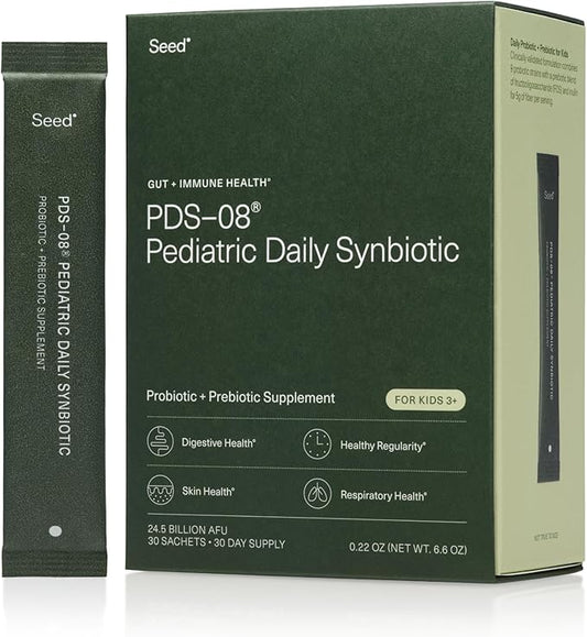 Seed PDS-08 Pediatric Daily Synbiotic - Fiber-Based Prebiotic & Probiotic for Kids - Digestive Health, Regularity, Constipation Relief - Ages 3-17 - Vegan and Shelf-Stable - 30 Sachets (30-Day Supply)
