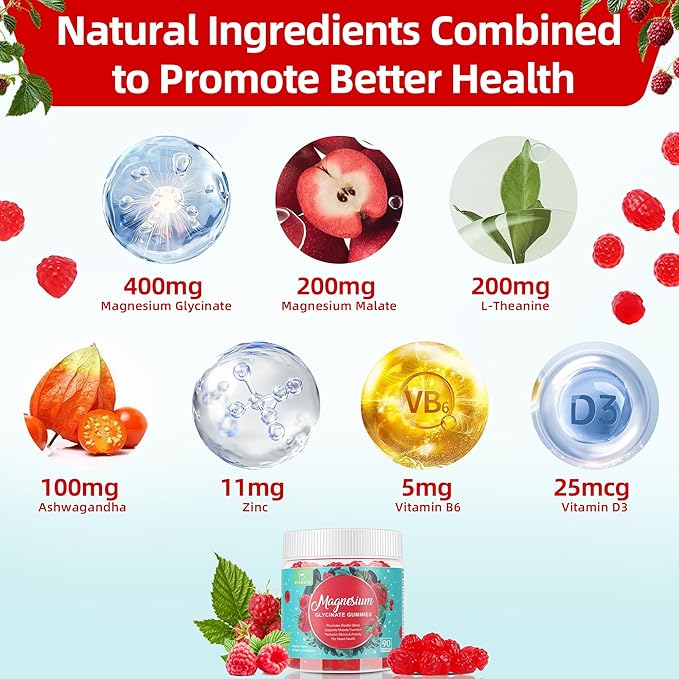 90 Count Magnesium Glycinate Gummies 400 mg - Sugar Free Magnesium Supplement for Adults with Glycinate & Malate, L-Theanine, Ashwagandha, Zinc, Vitamin B6 & D3, Supports Relaxation & Sleep