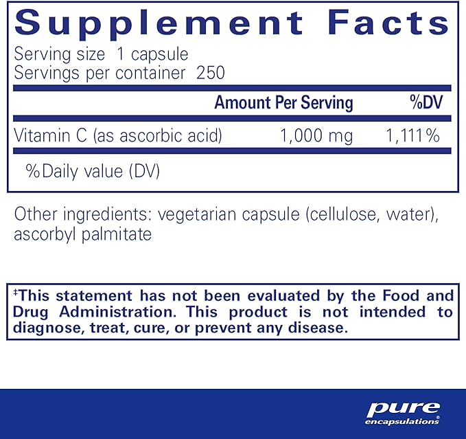 Pure Encapsulations Ascorbic Acid Capsules - 1,000 mg Vitamin C - Antioxidant & Immune Support* - High-Potency Vitamin C - Vegan & Non-GMO - 250 Capsules