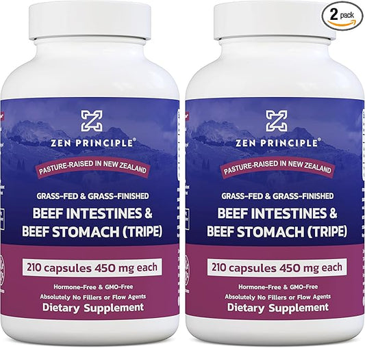 Zen Principle Grass Fed Beef Intestines with Stomach (Tripe) Supplement, Supports Digestive Health and Gut Balance, Supports Acid Reflux Balance, Natural Intestine Wellness, 2-Pack, 420 Capsules.