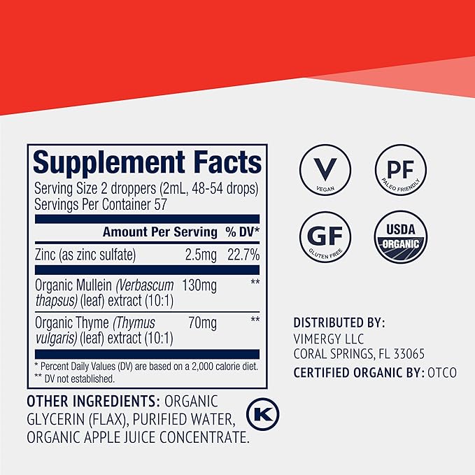 Vimergy Total Immune Blend* Liquid Supplement, 57 Servings Fast-Absorbing Immune Support – All-Season, Zinc, Thyme and Mullein Drops Non-GMO, Vegan, USDA Organic, Immunity Support for Adults (115 mL)