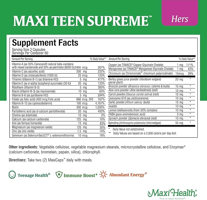 Teen Vitamins for Girls 12-17 - Teen Multivitamin Supreme with D3, Iron, Calcium, Biotin, Digestive Enzymes – Teenager Girl Multi Vitamins for Energy, Immune & Mood Support – 60 Count