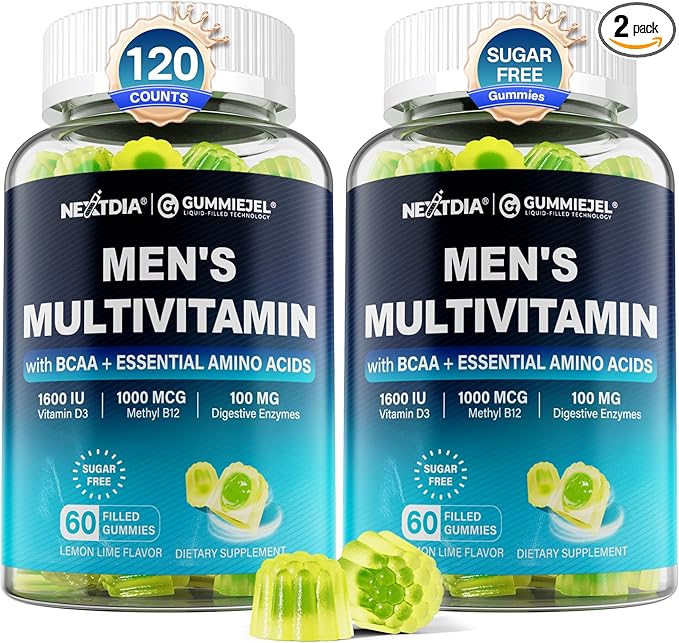 2 Pack Methylated Multivitamin for Men Gummies, BCAA Amino Acids, Zinc, Biotin, Vitamin A C E D3 K2 B Complex Calcium, Magnesium, Lycopene, Digestive Enzymes - Energy Muscle Immune - Sugar Free, Vegan