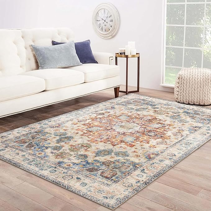 Area Rug 5×7, Vintage Boho Rug,Ultra-Soft Low Pile, Washable, Non Slip,Stain Resistant Printed Carpet for Living Room Bedrooms Playroom Office Kitchen, Blue/Red