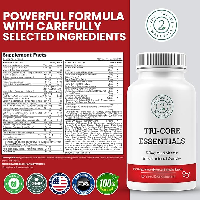 Tri-Core Essentials - 3 A Day Comprehensive Multivitamin Multimineral Complex with Probiotics, Prebiotics, Digestive Enzymes, Mushrooms, Adaptogens, and 45 Fruits and Vegetables - 180 Tablets