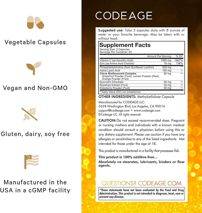 Codeage Liposomal Vitamin C 1500mg with Zinc, Elderberry, Citrus Bioflavonoids Grapefruit, Lemon, Orange Powder, Quercetin & Rose HIPS Fruit – Vegan Supplement - Non-GMO, Vegan Pills - 2 Pack