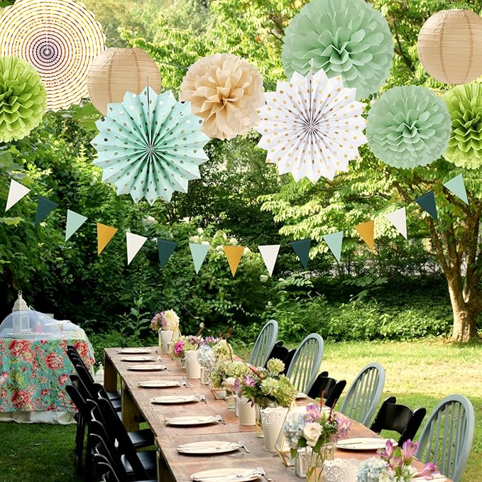Sage-Olive Green Gold Brown Boho Party-Decorations - 33pcs Paper Lanterns Fan, Banner,Streamers Tassel Garland,Tissue Pom Poms,Baby Bridal Shower Birthday Wedding Bachelorette Engagement Decor Hugtmr